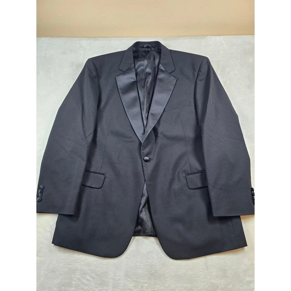 JoS A Bank Tuxedo Suit Men 46R 2 Piece Pants 42x31 Black 100% Wool Peak Lapel